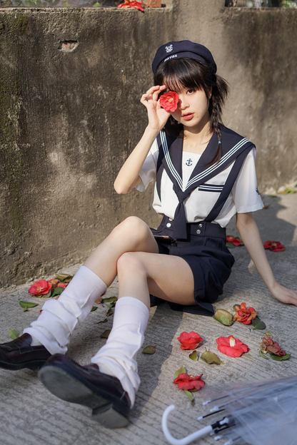 Sailor Shirt + Suspender Shorts + Tie + Beret