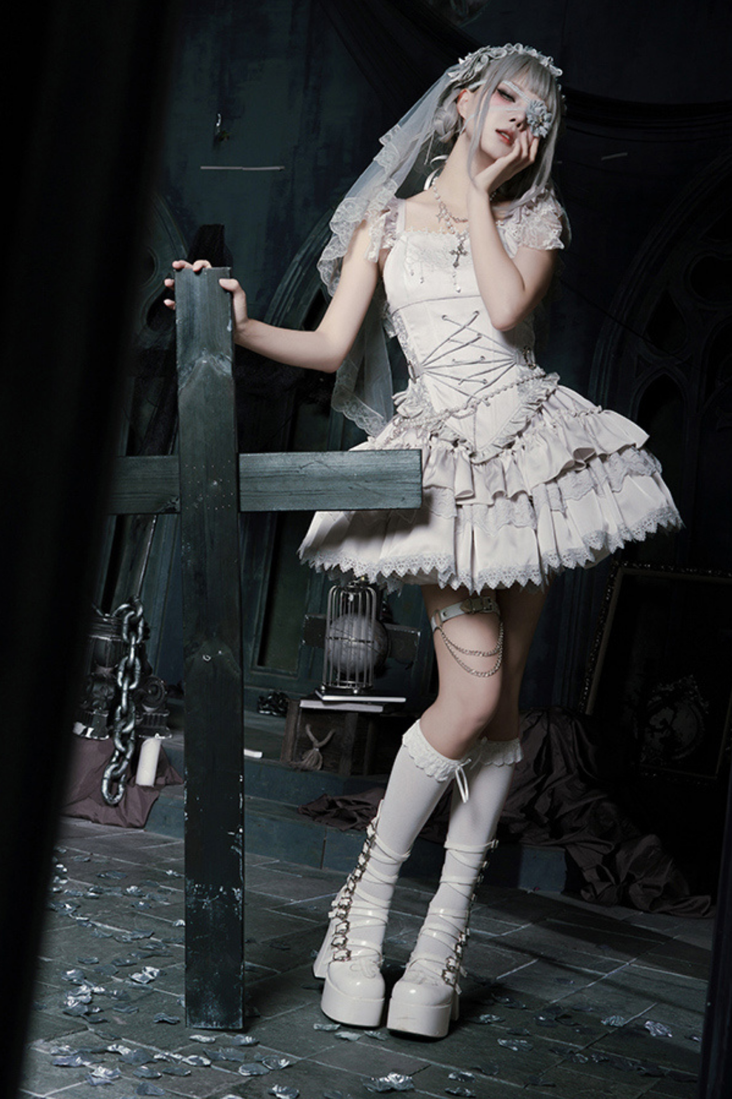 Gothic Lolita Skirt + Corset + Veil + Necklace + Waist Chain