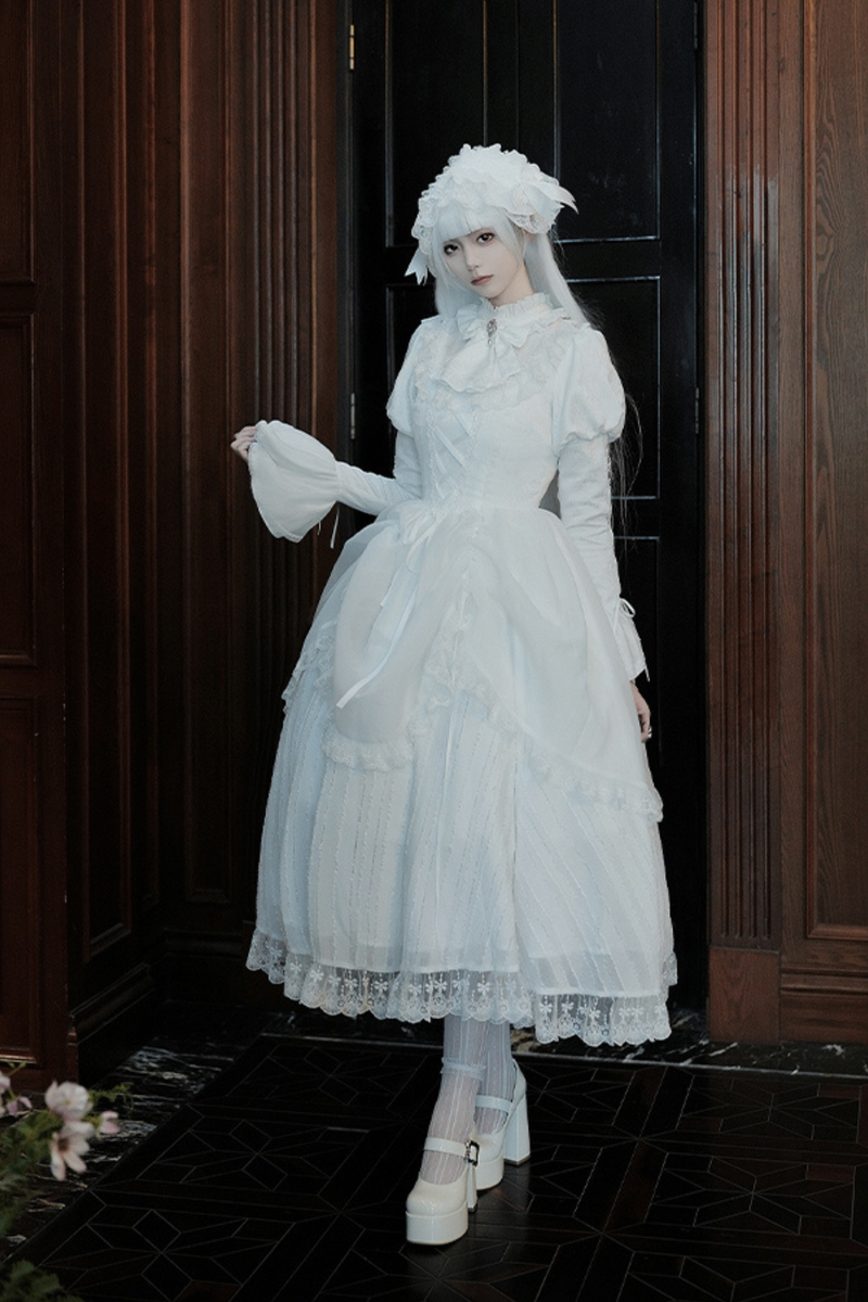 White Gothic Gemini Lolita Dress + Corset + Ribbon + Headband + Veil