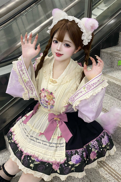 Chinese-style Lolita Top + Skirt + Apron + Headband + Bonnet