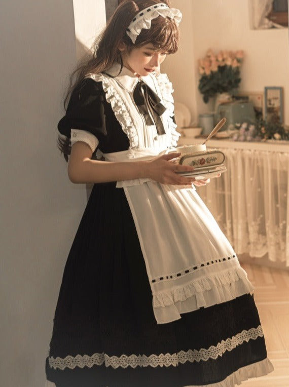 Front Ribbon Lantern Long Sleeve Maid Dress + Ruffle Big Ribbon Apron