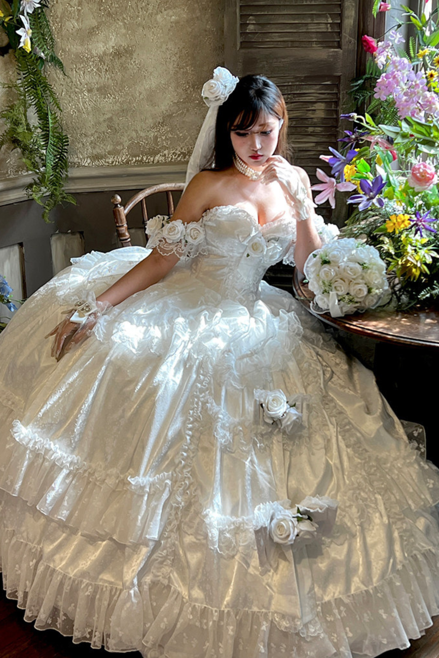 Love and Flower Sweet Dress + Ribbon Hair Accessory + Flower Hair Accessory