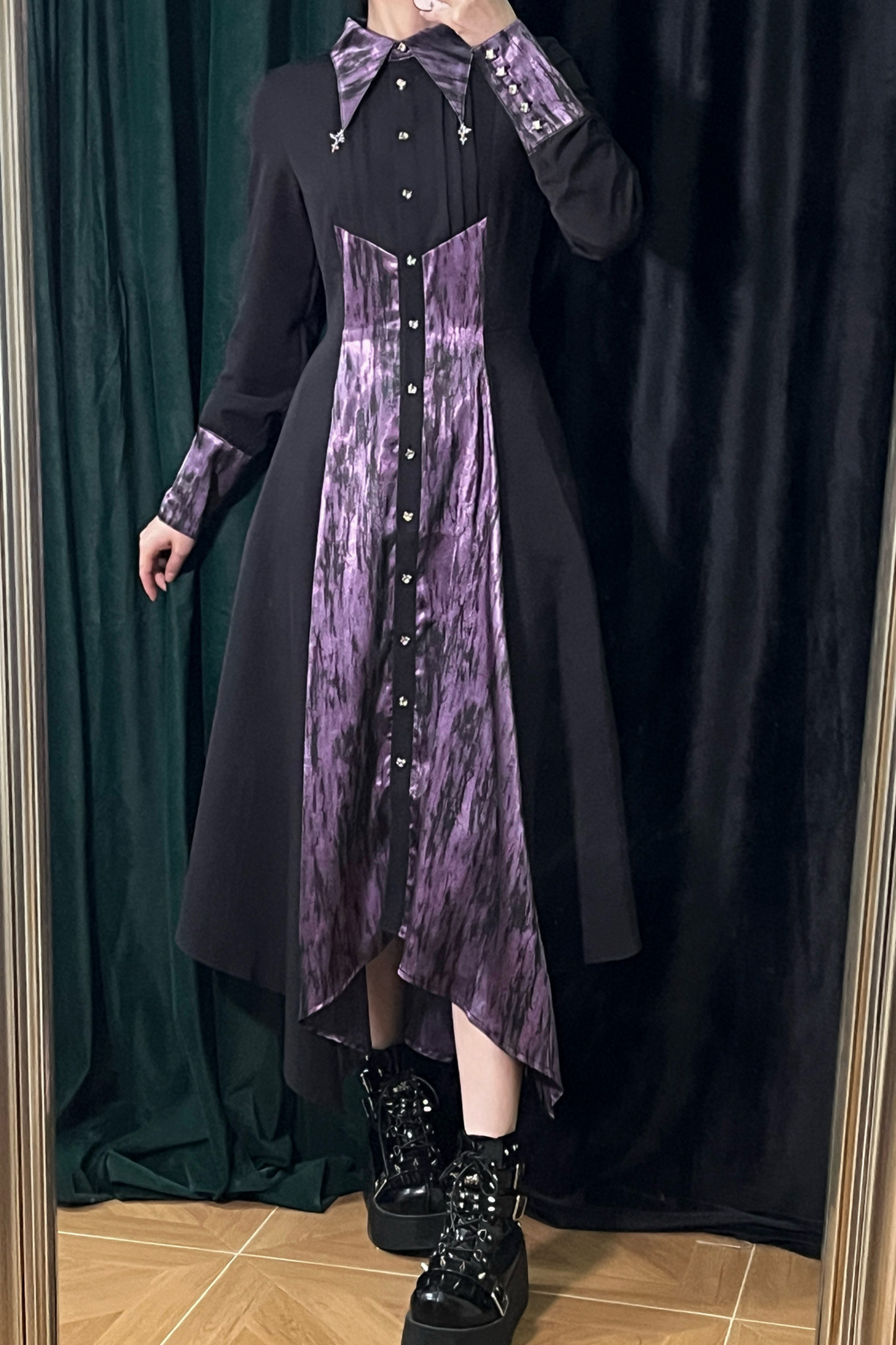 High Collar Blocking Asymmetrical Dress