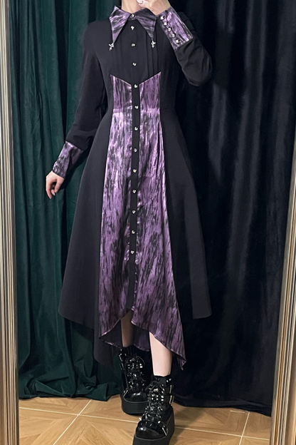 High Collar Blocking Asymmetrical Dress