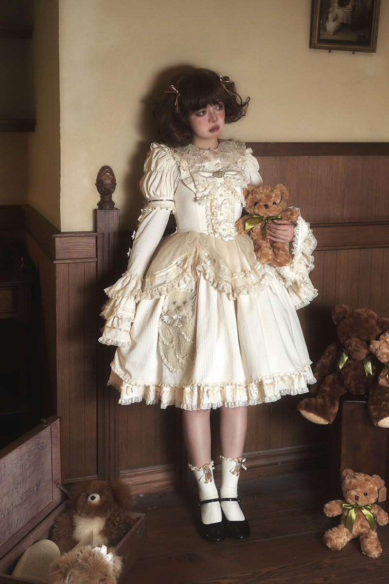 Briana Bear Print Dream Doll Lolita Dress + Jsk + Skirt + Shirt + Petticoat