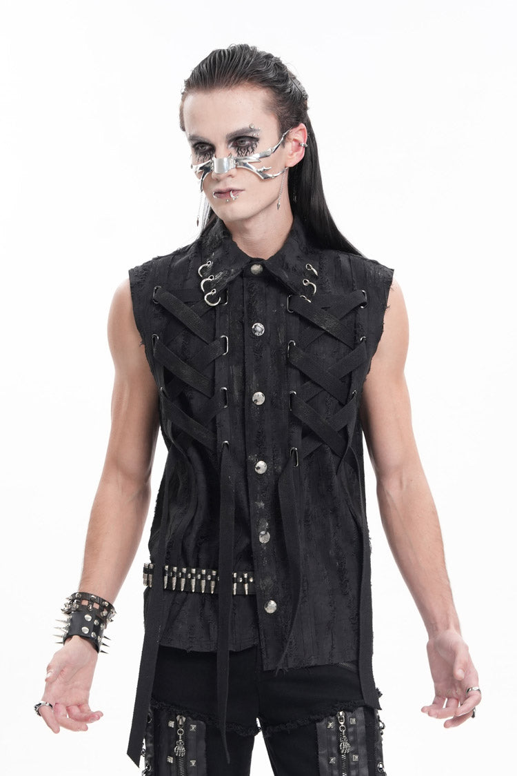 Black Lapel Collar Sleeveless Lace-up Ripped Ring Gothic Vest