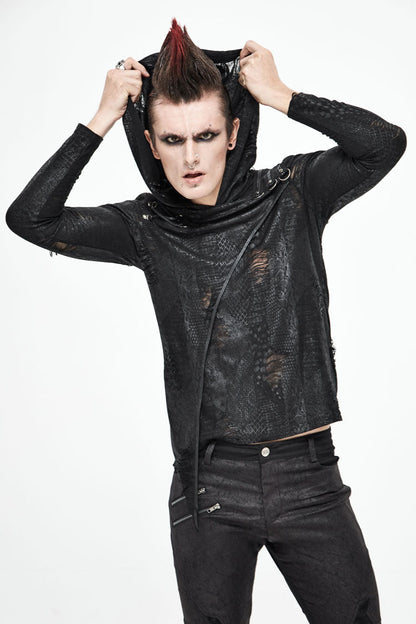 Black Broken Holes Knit Shoulder Lace-up Irregular Hem Hooded Punk T-shirt