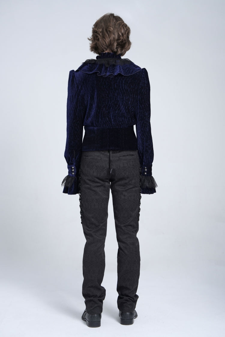 Blue V Collar Long Sleeves Ruffle Stitching Lace Gothic Blouse