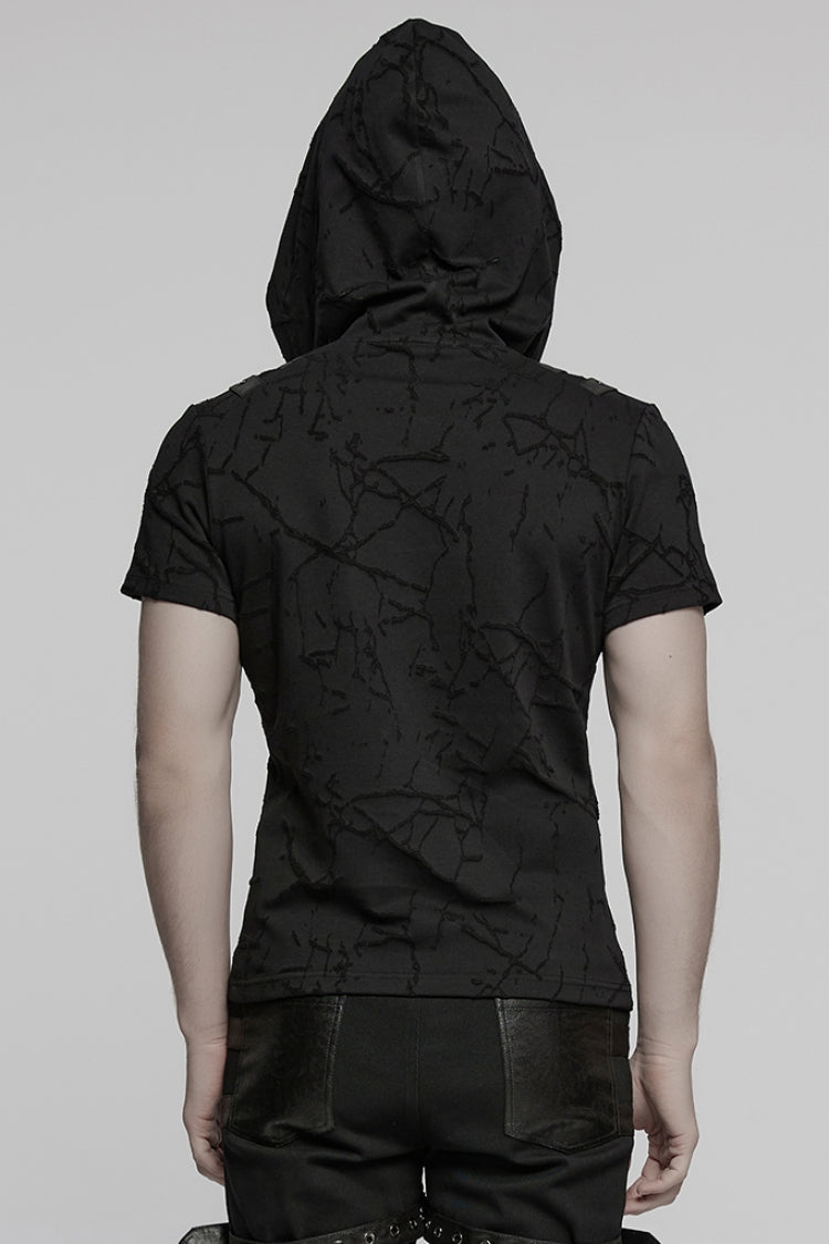 Black Short Sleeves Big-pocket Tie-dyed Hooded Punk T-shirt