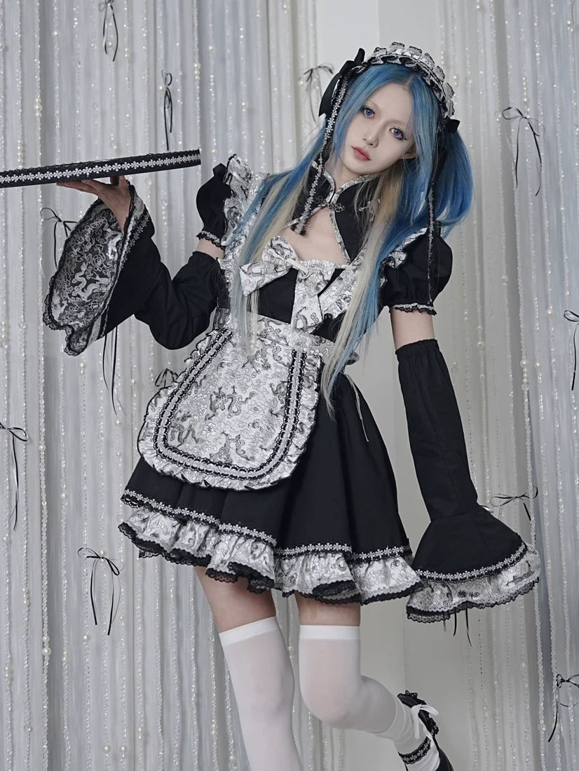 Silver Dragon Maid Gothic Dress + Apron + Arm Cover