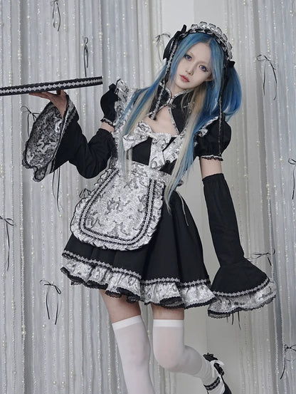 Silver Dragon Maid Gothic Dress + Apron + Arm Cover