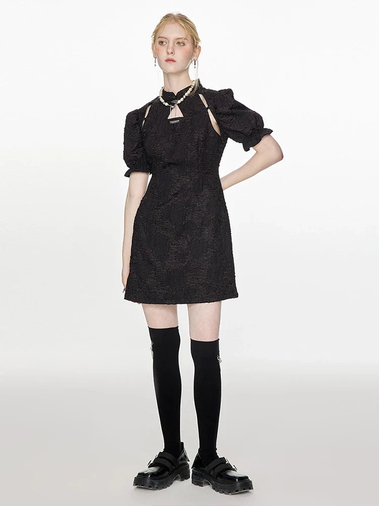 French Black Puff Sleeves Slim Waist Chinese-style Dress