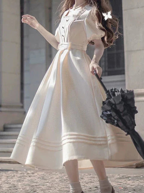 French Retro Apricot Square Collar Dress + Pearl Satin Belt [pre-order]