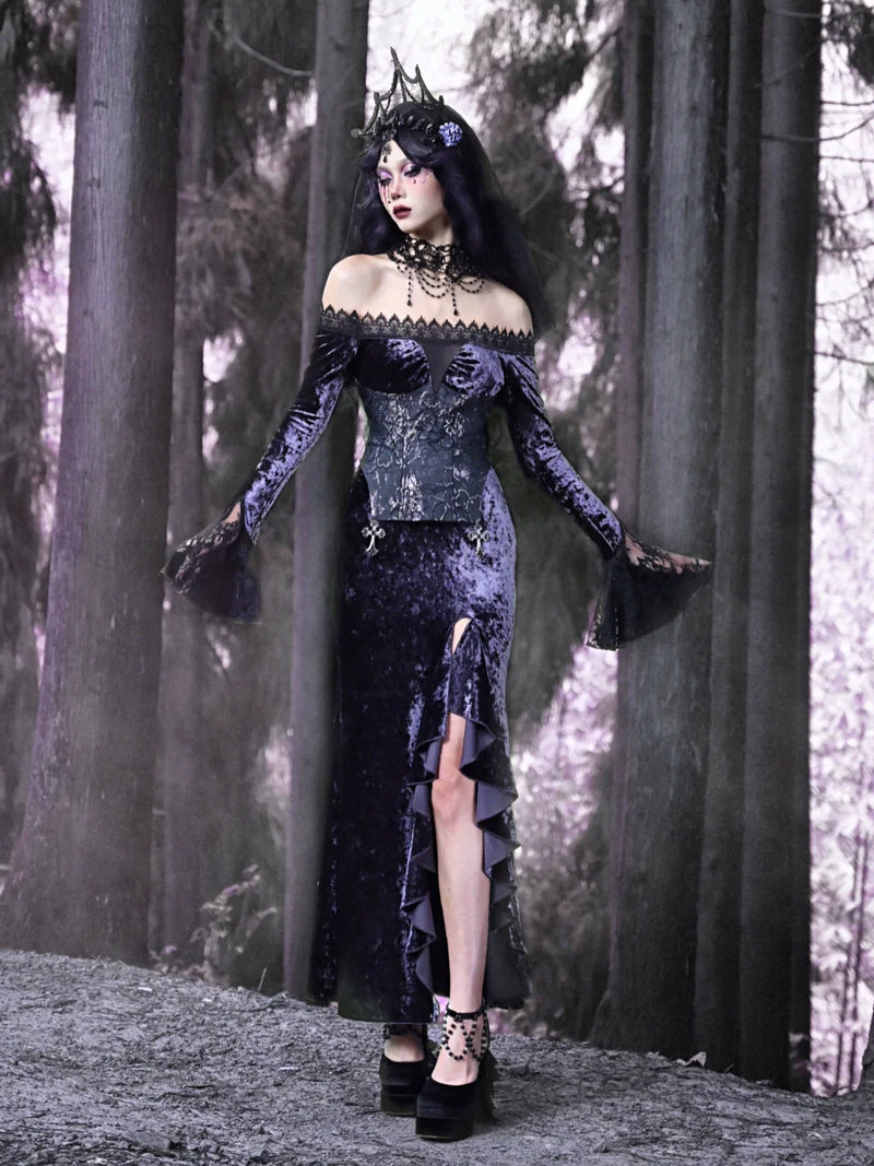 Luna Gothic Velvet One-shoulder Slim Mermaid Slit Dress