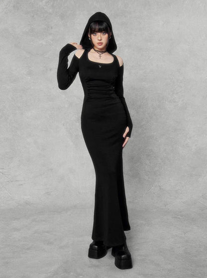 Dark Square Halter Neck Off-shoulder Hooded Dress