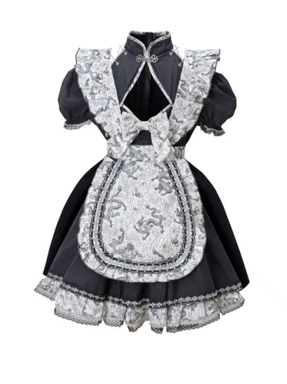 Silver Dragon Maid Gothic Dress + Apron + Arm Cover