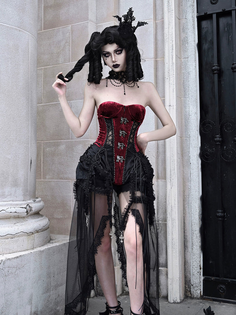 Hell Alice Gothic Dark Fishbone Strap Corset Tulle Dress Set