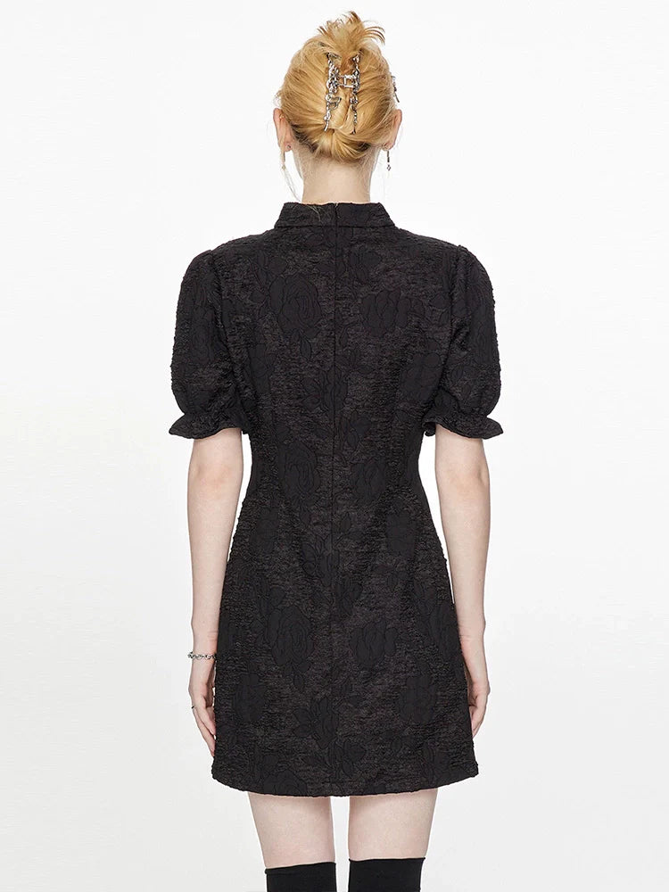 French Black Puff Sleeves Slim Waist Chinese-style Dress