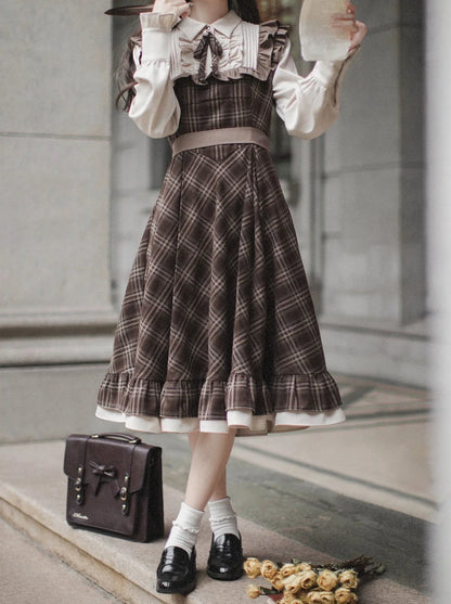 Retro Brown Plaid Volume Sleeveless Layered Dress + Pearl Ribbon Accessory + Classic Belt Coat [pre-order]