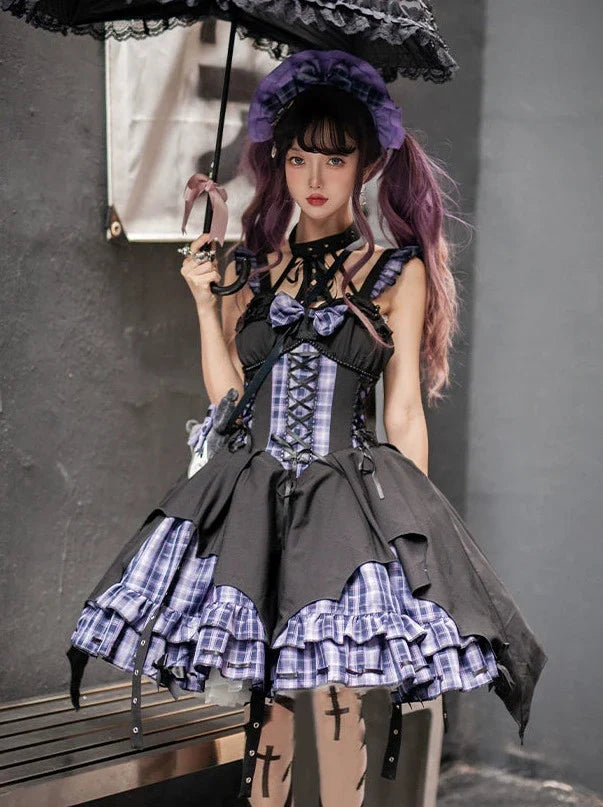 Punk Rock Halterneck Irregular Plaid Suspender Dress + Head Accessories