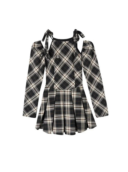 French Suspender Plaid Ribbon a Line Dress