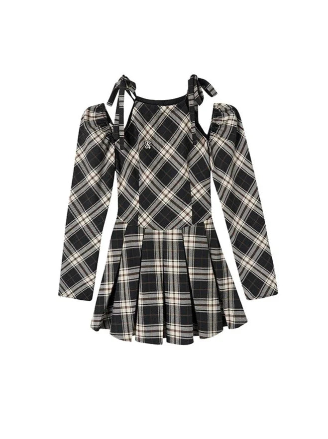 French Suspender Plaid Ribbon a Line Dress
