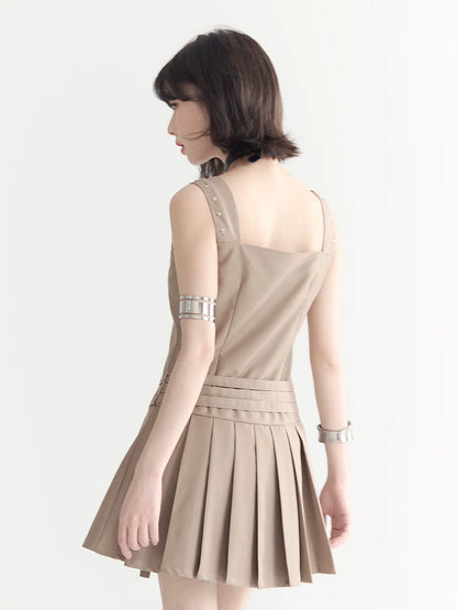 Retro Design Strap Short Pleated Vest Dress