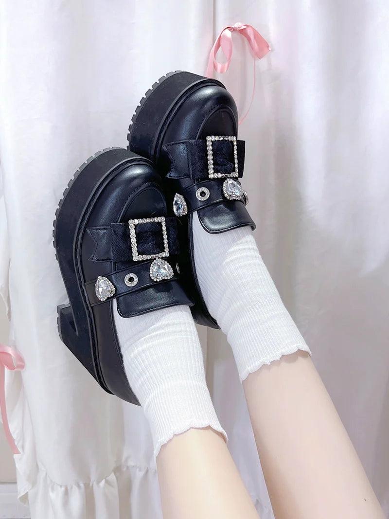 Jewel Pointed Toe Loafer Platform Shoes [enamel Black/matte Black]