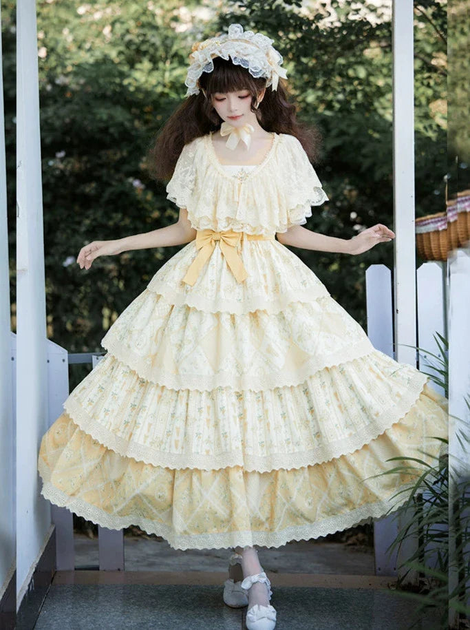 Pastoral Lily Embroidery Print Ruffle Strap Tiered Shawl Dress [pre-order]