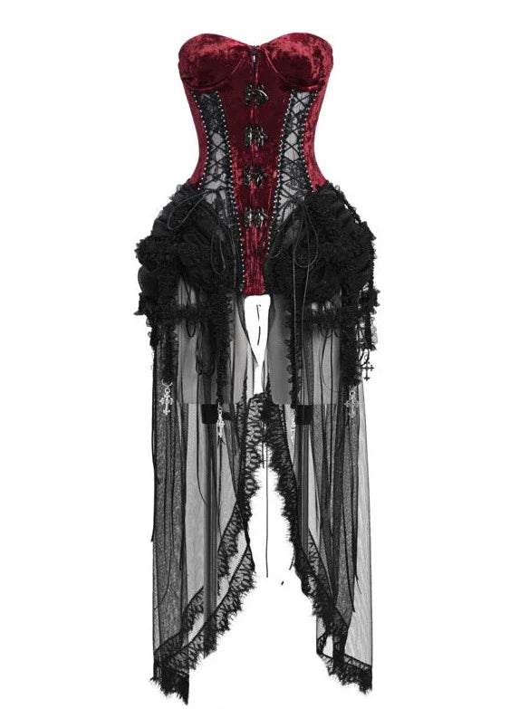 Hell Alice Gothic Dark Fishbone Strap Corset Tulle Dress Set
