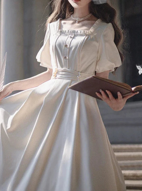 French Retro Apricot Square Collar Dress + Pearl Satin Belt [pre-order]
