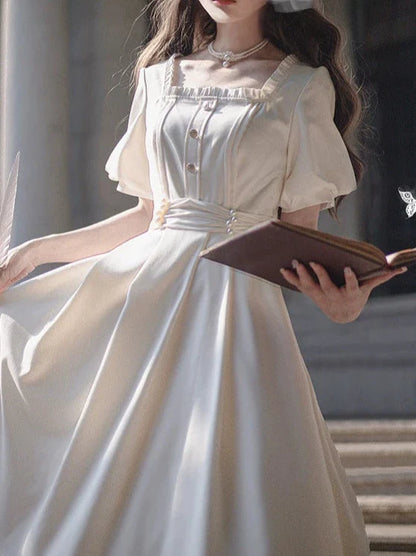 French Retro Apricot Square Collar Dress + Pearl Satin Belt [pre-order]