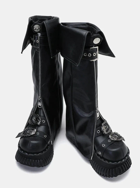 Punk Platform Muffin Shoes + Flap Leather Zip Leg Cover Set