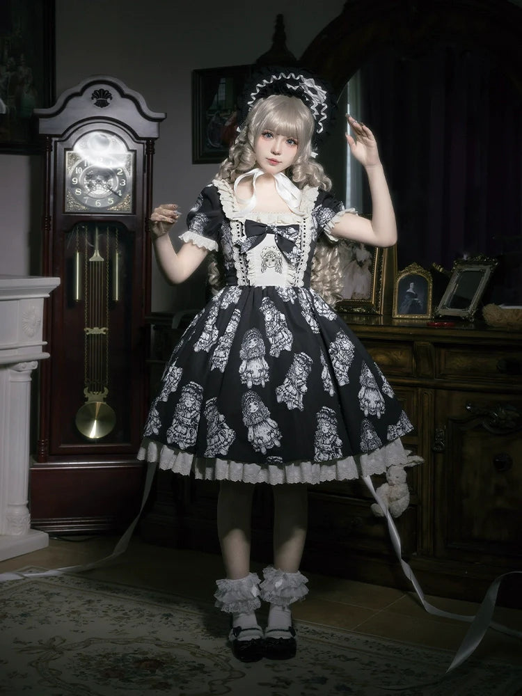 Night of Dolls Print Embroidery Dress Set
