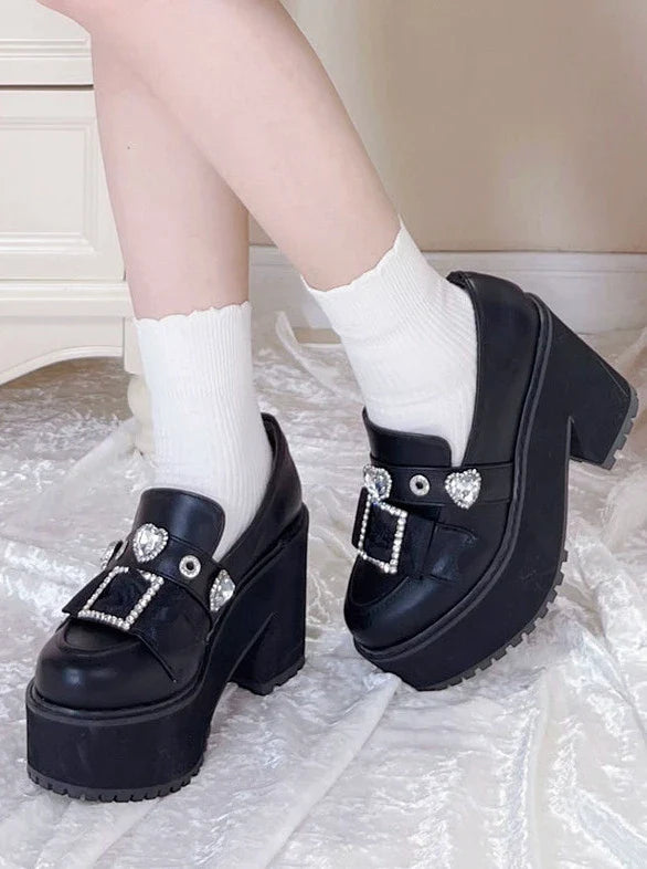 Jewel Pointed Toe Loafer Platform Shoes [enamel Black/matte Black]