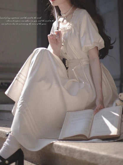 French Retro Apricot Square Collar Dress + Pearl Satin Belt [pre-order]