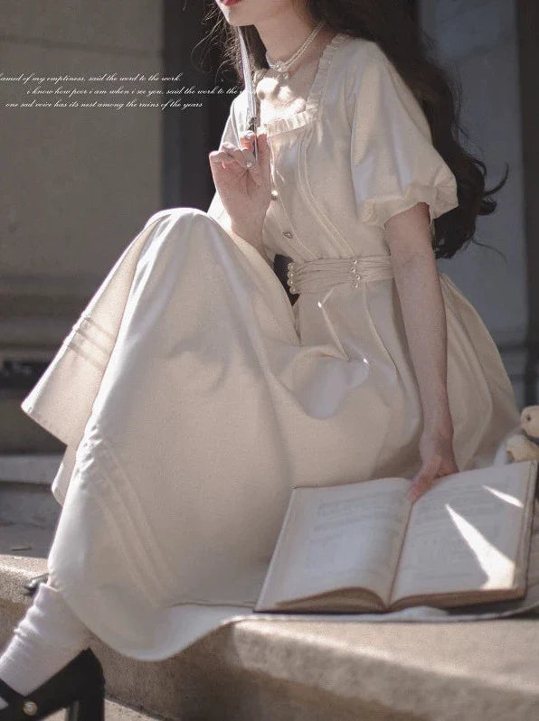 French Retro Apricot Square Collar Dress + Pearl Satin Belt [pre-order]