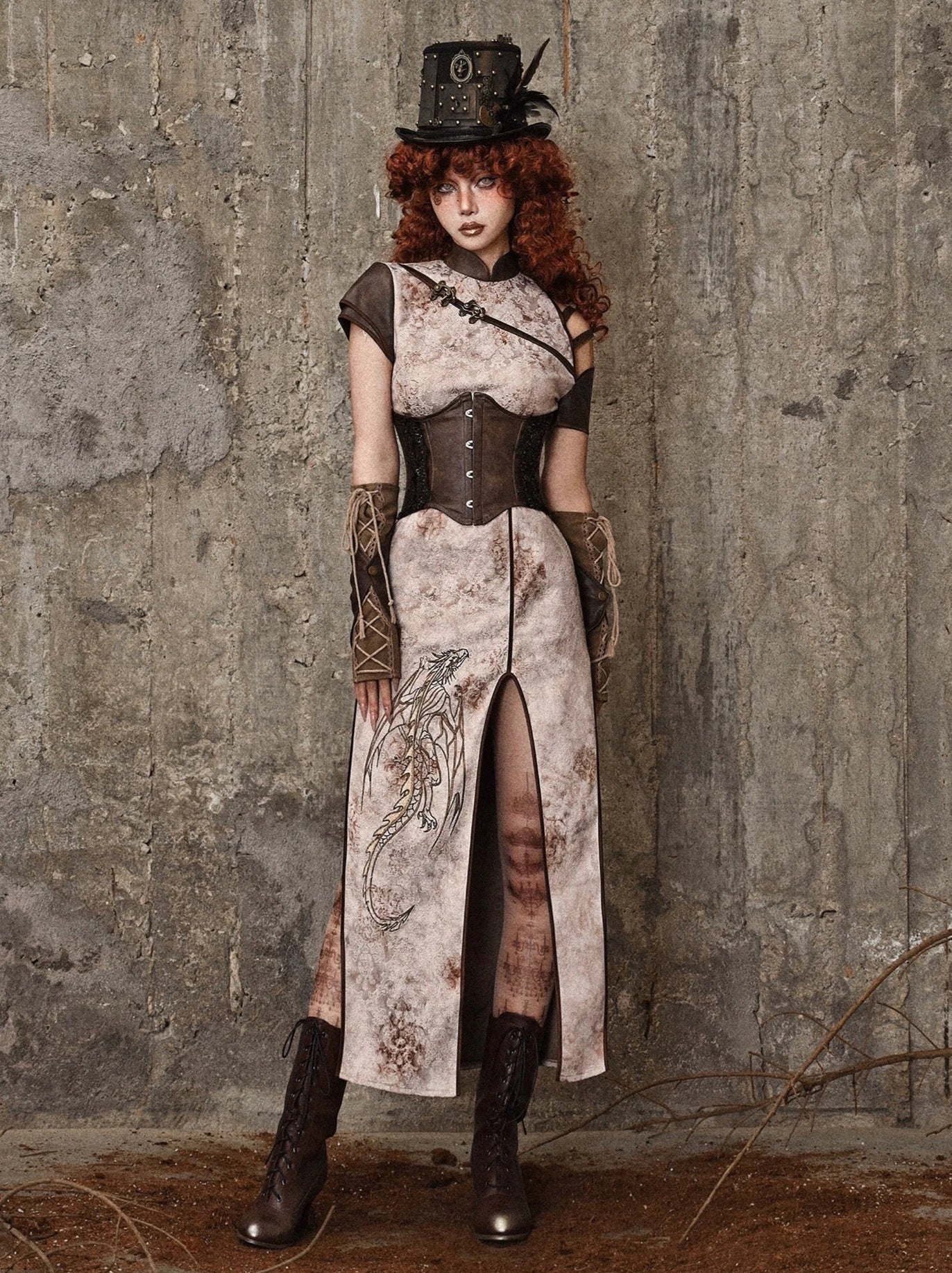 Retro Punk Strap Dragon Embroidery Chinese-style Slit Dress