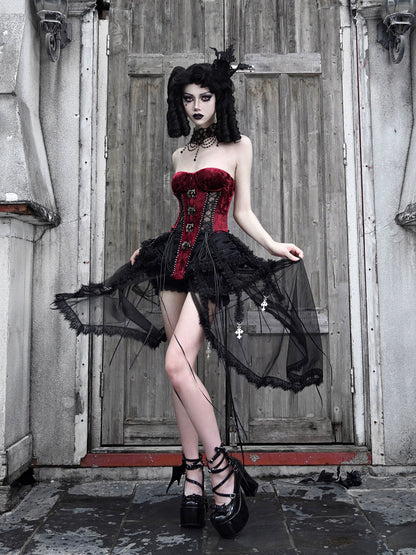 Hell Alice Gothic Dark Fishbone Strap Corset Tulle Dress Set