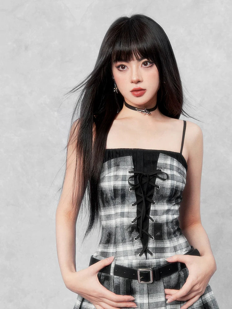 Center Lace-up Check Camisole Dress