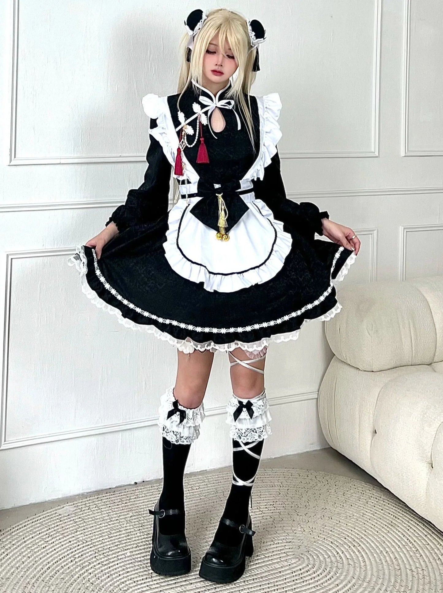 Black White Chinese-style Maid Ribbon Apron Dress Set [short Sleeve / Long Sleeve]