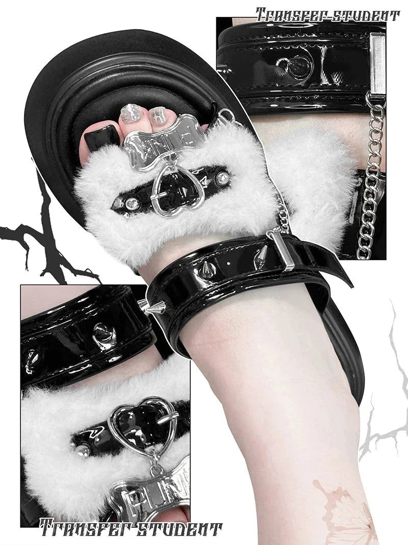 Punk Rivet Fur Chain Platform Flat Sandal
