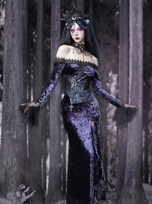 Luna Gothic Velvet One-shoulder Slim Mermaid Slit Dress