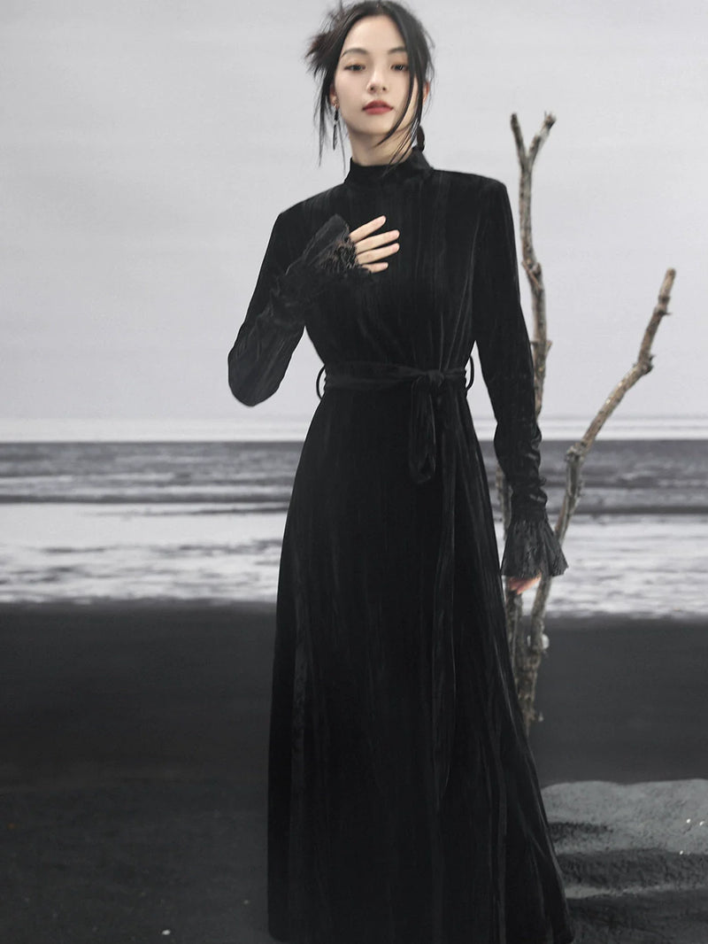 Retro Velvet Paneled Mesh Slim Black Long Dress
