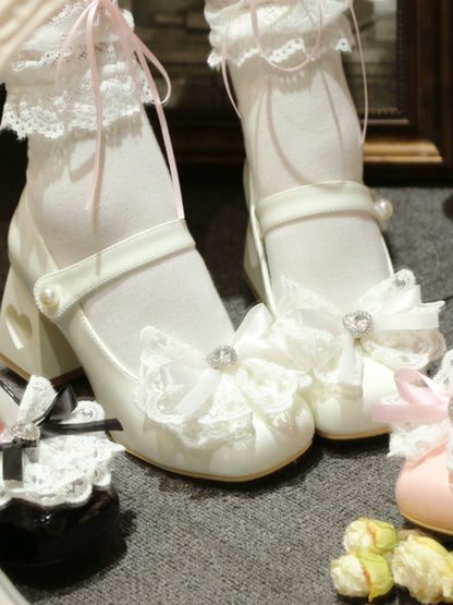 Lolita French Lace Ribbon Square Toe Love Heel Shoes
