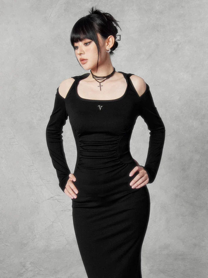 Dark Square Halter Neck Off-shoulder Hooded Dress