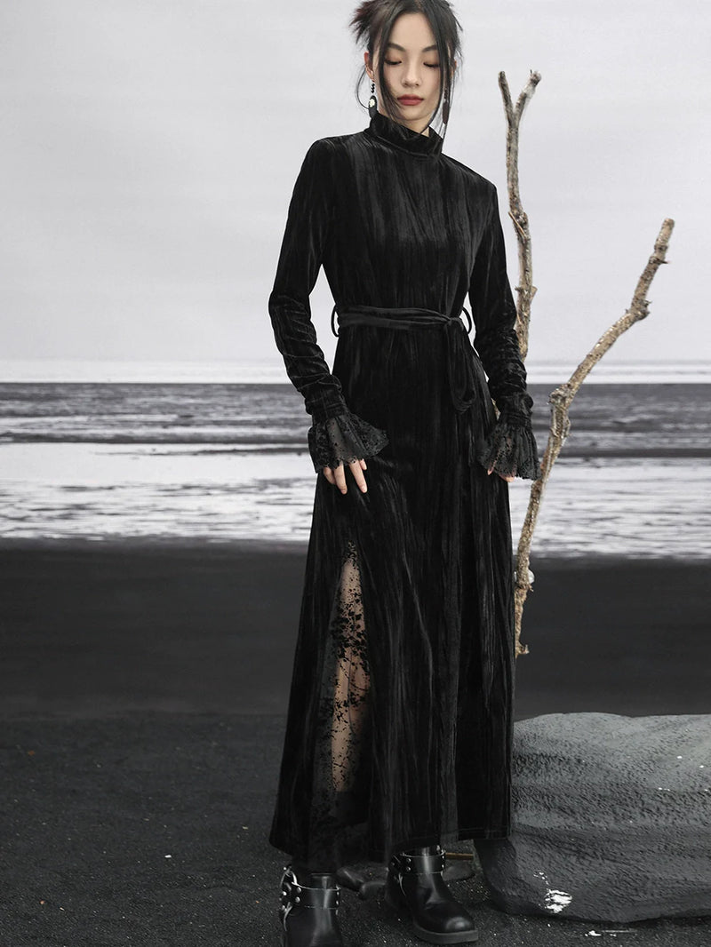 Retro Velvet Paneled Mesh Slim Black Long Dress