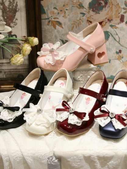 Lolita French Lace Ribbon Square Toe Love Heel Shoes