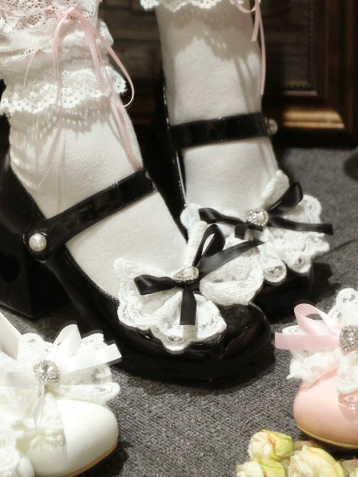 Lolita French Lace Ribbon Square Toe Love Heel Shoes