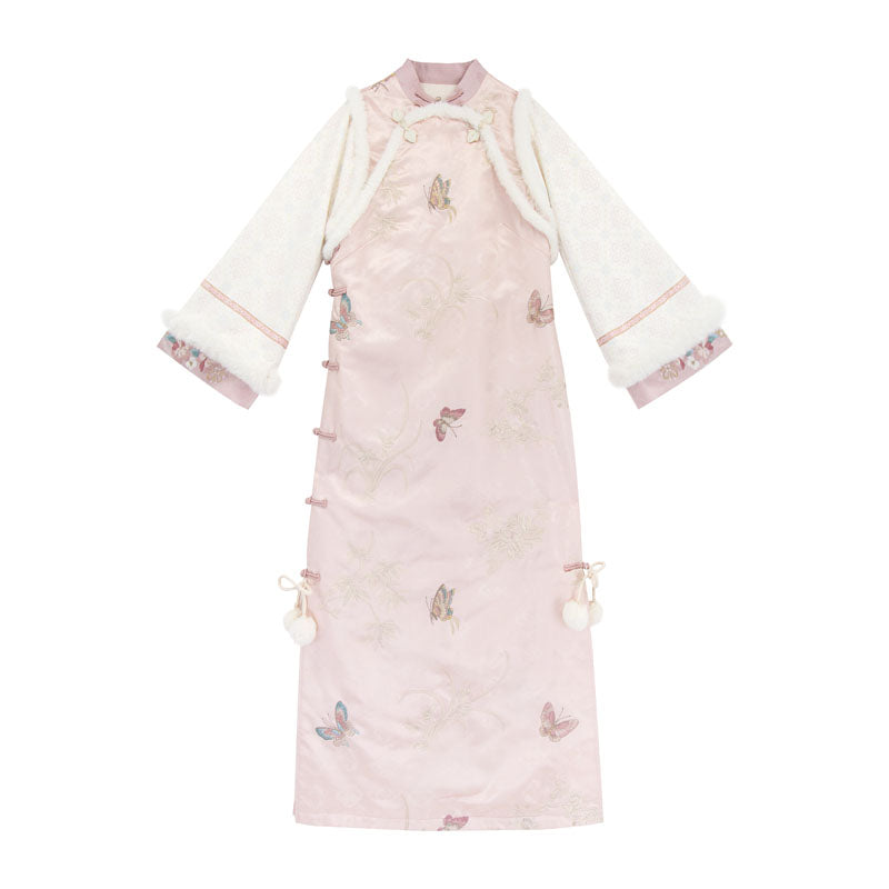 Pink Brocade Suede Chinese-style Dress Set